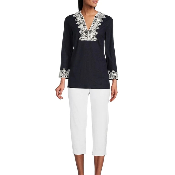 BEAUTY!PRESTON&YORK TABITHA STRETCH LINEN 3/4 SLEEVE SPLIT V-NECK EMBROI… - Picture 2 of 8